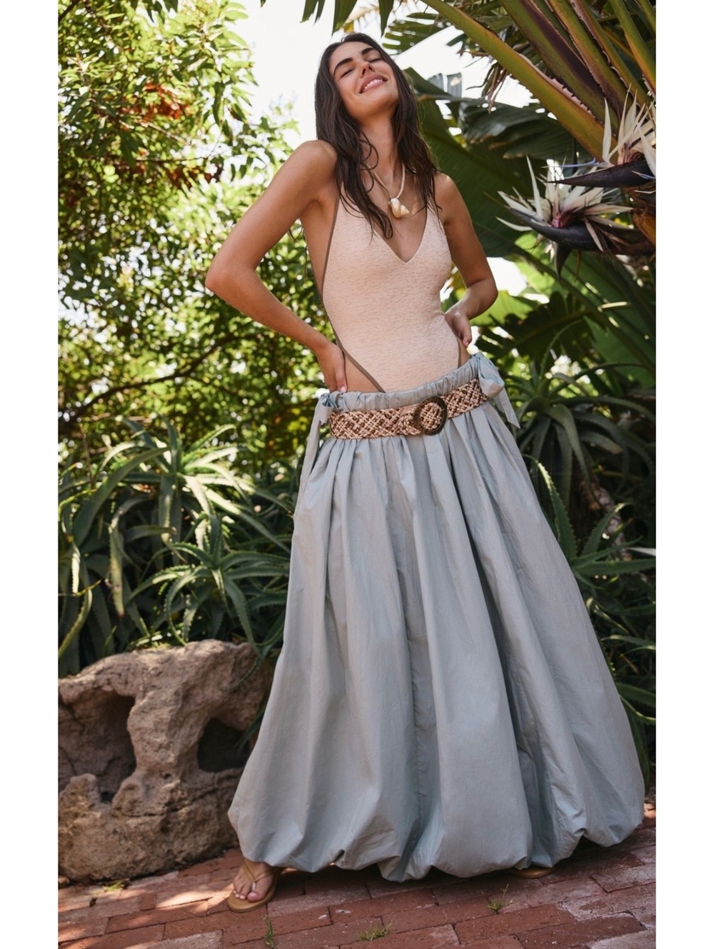Free People Rita City Sea Sage Poplin Bubble Maxi Skirt NWT Small